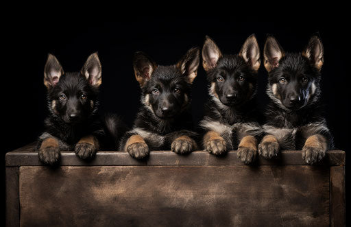 Four German Shepherd puppies on white background