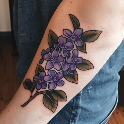 Traditional lilac tattoo with bold outlines and bright purple shades