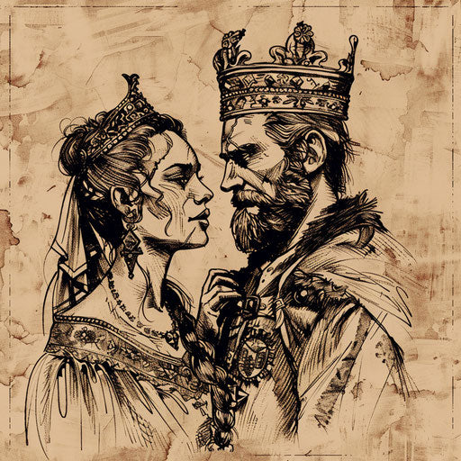 Rustic tattoo sketch of a medieval king and queen in traditional attire, clipart style