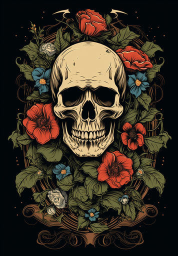 Skull and flowers in vintage style, chicano inspired, flawless line work
