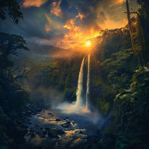 La Fortuna Waterfall with dramatic lighting and intense flow