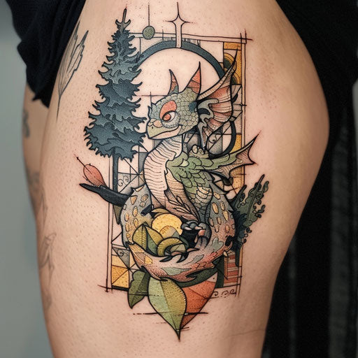 Fantasy creatures patchwork tattoo in the style of David Palumbo