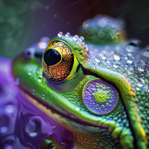 Vibrant green skin of a frog with water reflections
