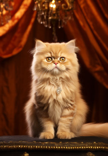 Beautiful Persian cat on stage, in the style of Reuben Nakian, Alpo Jaakola, Jean Fouquet, award winning, light orange and light maroon