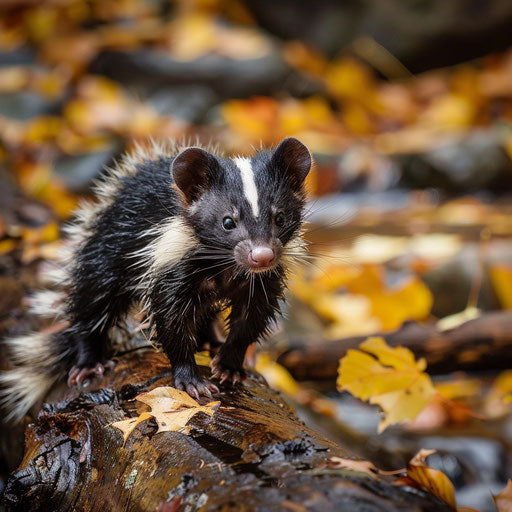 Eastern spotted skunk on a log across a creek