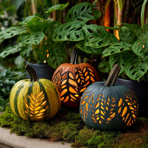 Pumpkins Carved with Abstract Leaf Designs