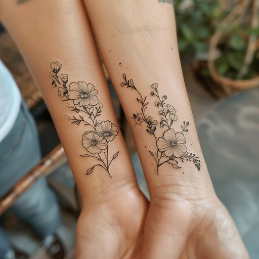 Matching sister tattoos of delicate flowers, Merian style, wrist