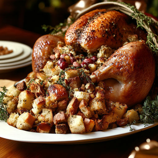 Cornucopia overflowing with stuffing ingredients next to perfect roasted turkey