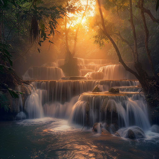 Slippery cascade, Thailand, at dusk with soft, ethereal lighting, in the style of William Patino