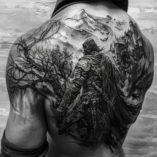 Dark, gritty fantasy lore scenes for male shoulder tattoos