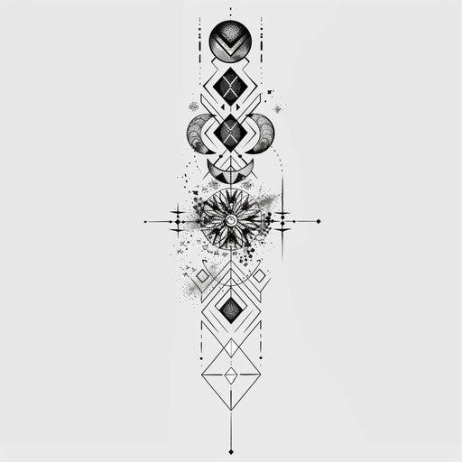 Bold unalome tattoo with geometric patterns