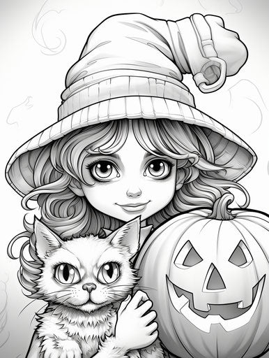 Coloring pages of a pumpkin witch with a hat