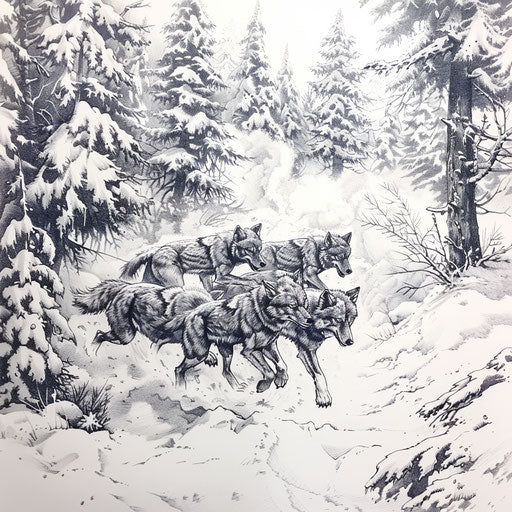 Wolf pack hunting in snow in blackwork tattoo style