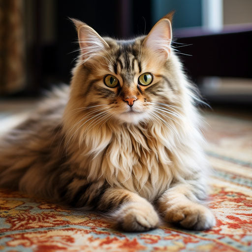 A Siberian cat lying on a carpet