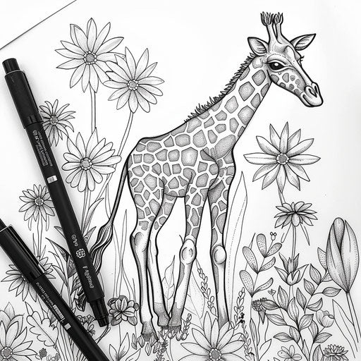 Whimsical giraffe in a floral meadow