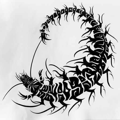 Bold black tribal centipede tattoo on white background