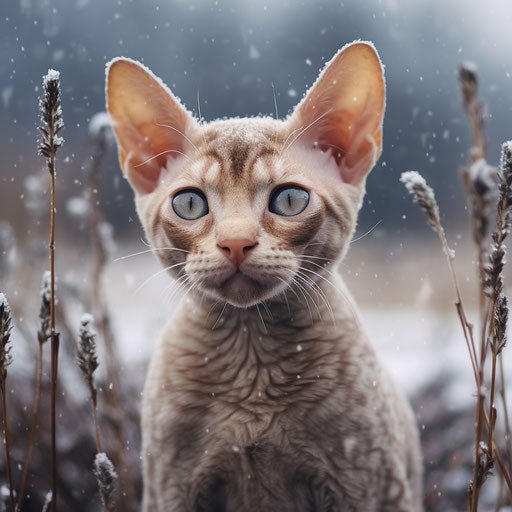 Devon Rex cat in a field while it is snowing