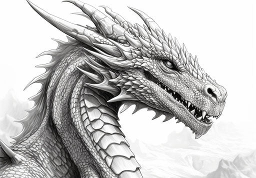 Black and white dragon drawing for coloring, eerily realistic style