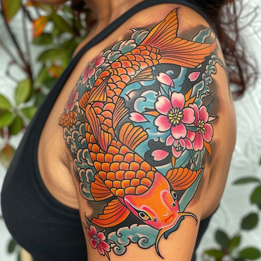 Vibrant shoulder tattoo with Japanese koi fish and cherry blossoms