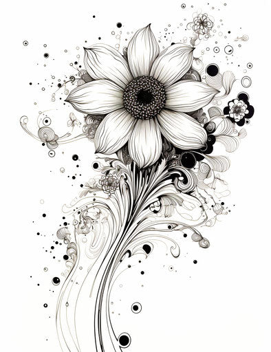 Black and white floral design with flower, unique style, dotted textures