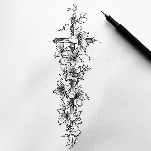 Intricate flat tattoo sketch with a Cruz entwined with delicate ivy and blossoms