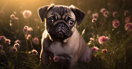 Pug puppy on a sunny green grass field