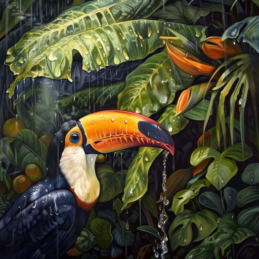 Toucan drinking water in leaf surrounded by jungle life