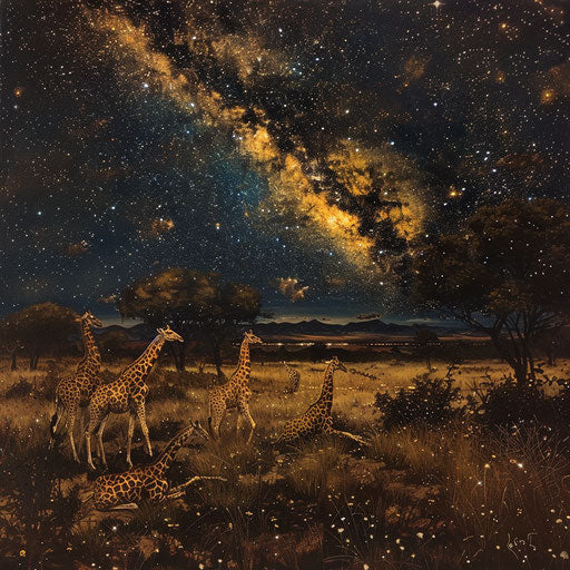 Starry night on the savanna, giraffes under the Milky Way