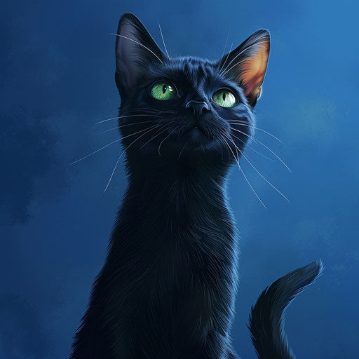 Realistic cat cartoon on flat indigo background