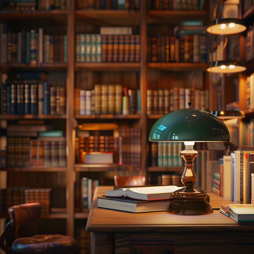 Book-scented study with shelves full of various books and green lamp on desk
