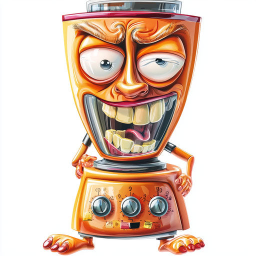 Humorous caricature of a blender with human characteristics