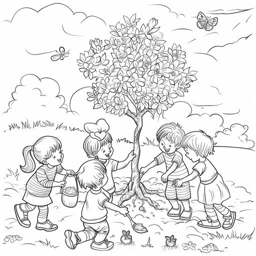 Children planting a tree in a spring garden