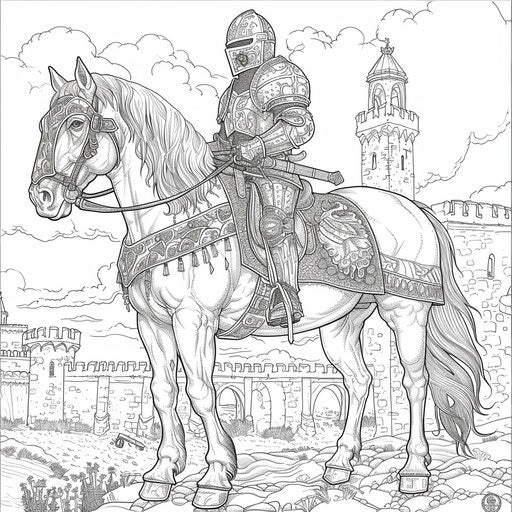 Horse in medieval knight's armor on coloring book page