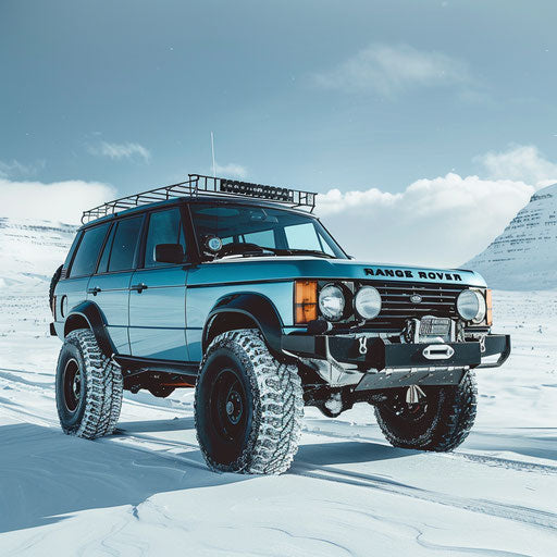 A 1995 ice-blue Range Rover with oversized fat tires conquering the ...