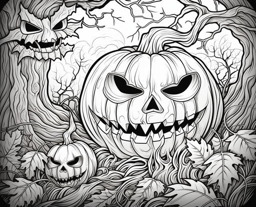 Halloween coloring pages with a jack o lantern, lith printing style, detailed foliage 31:25