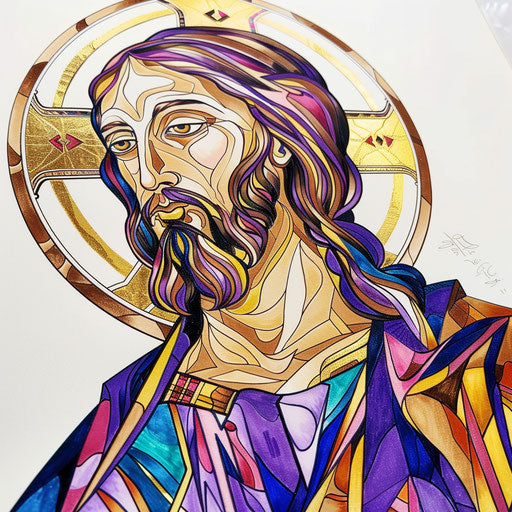 Drawing of a Byzantine icon of Jesus Christ, colorful tattoo on white background with gold highlights.