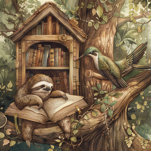 Story exchange between a sloth and a hummingbird in a treehouse library