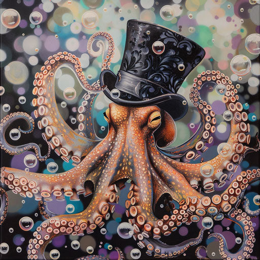 A whimsical scene of an octopus wearing a top hat, floating gracefully in a sea of bubbles