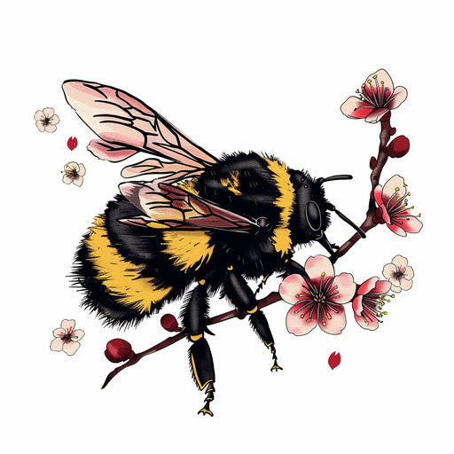 Japanese style bumble bee tattoo with characteristic elements of Irezumi on white background