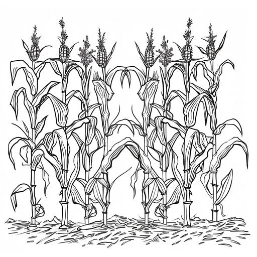Corn plants in rows, coloring book page