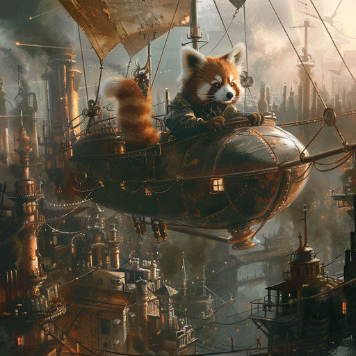 Steampunk scene with red panda piloting an airship