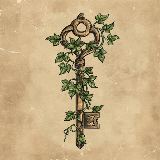 Artistic tattoo sketch of an antique key entwined with ivy, in earth tones