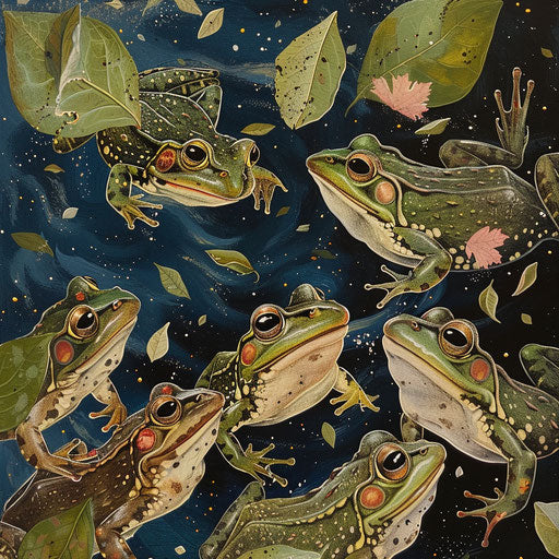 Festive scene of frogs joining a midsummer night's celebration