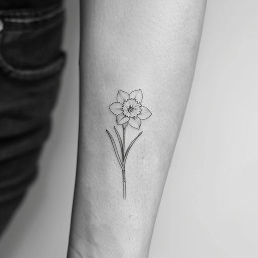Minimalist line art of narcissus flower tattoo, gray shading on white