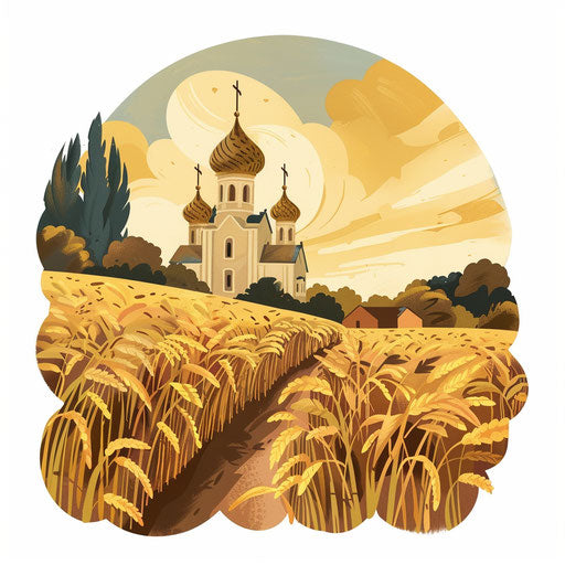 Stylized flat tattoo sketch of Russian wheat fields