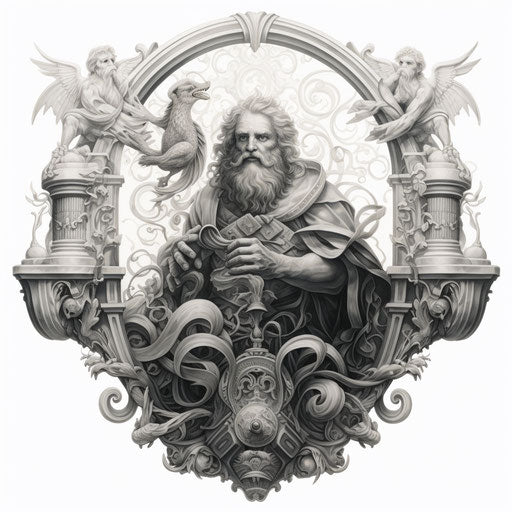 The St John tattoo in black and white with an arc around his neck