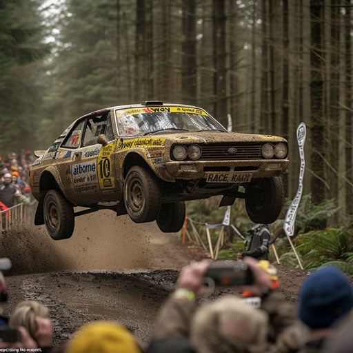 Skyway classic rally car covered in mud, airborne over a hill during a forest rally race, spectators capturing the moment