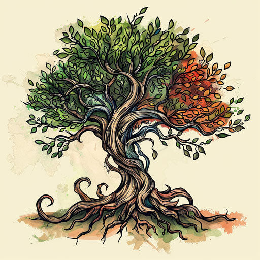 Flat clipart style sketch of a tree with names as leaves, lush greens and vibrant earth tones