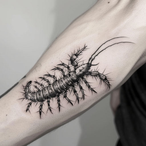 Blackwork centipede tattoo with heavy black shading on white