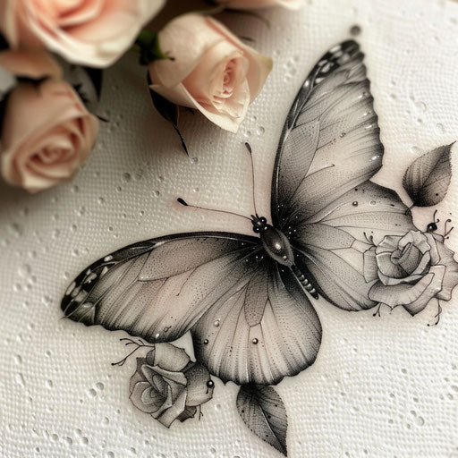 Elegant black and grey butterfly with roses tattoo, minimalistic style